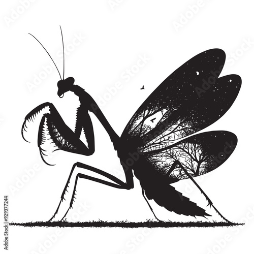 silhouette of Mantis, filled with nature view in rough drawing, animal,