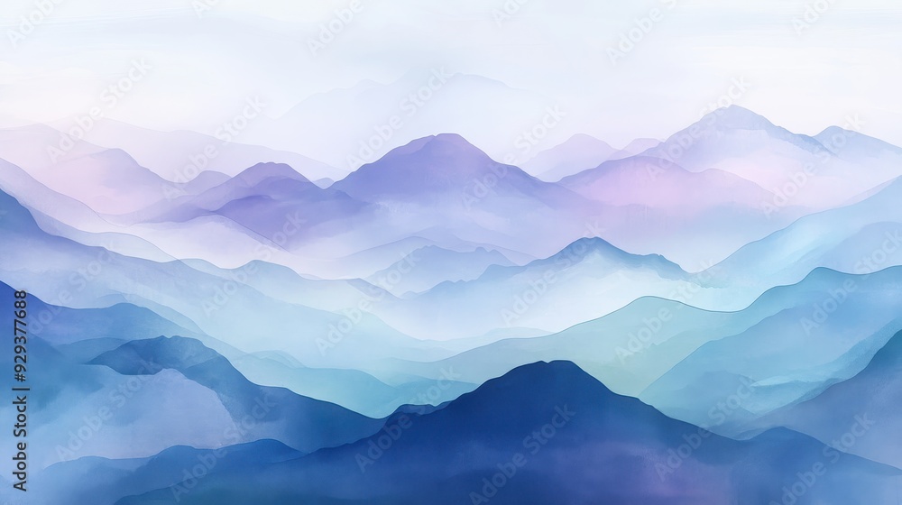 Obraz premium A serene watercolor landscape depicting layered mountains in soft hues.