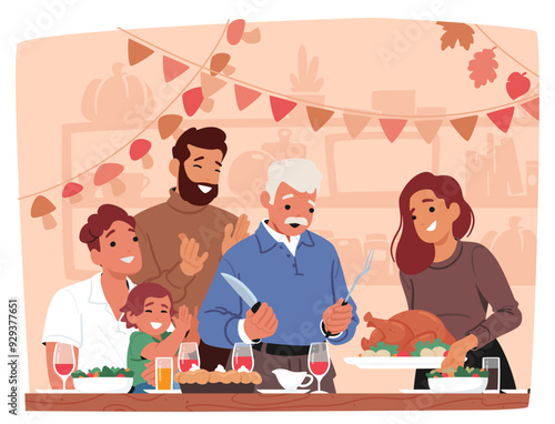 Cheerful Family Gathered Around Table Celebrating Thanksgiving With A Turkey Dinner, Cartoon Vector Scene