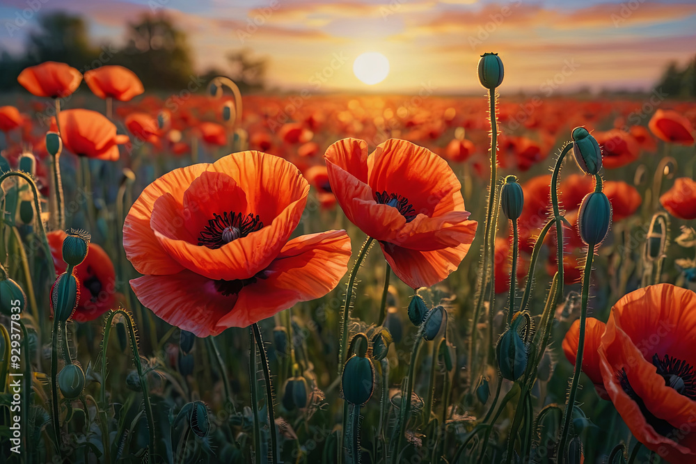 Fototapeta premium a painting of a field of red poppies