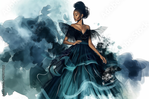 Stylish illustration of a young African American woman in an elegant evening gown, rendered in fashion sketch style