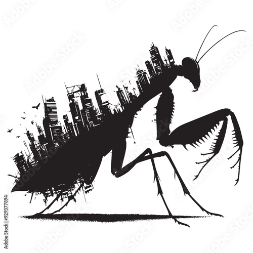 silhouette of Mantis flying, filled with destroyed futuristic dystopia environment in rough drawing, animal,