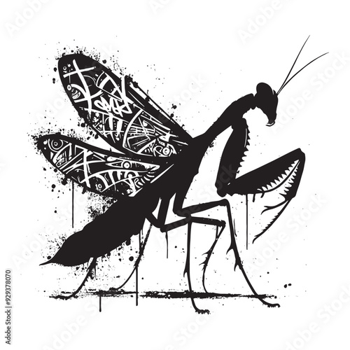 silhouette of Mantis flying, filled with graffiti street wall in rough drawing, animal, photo