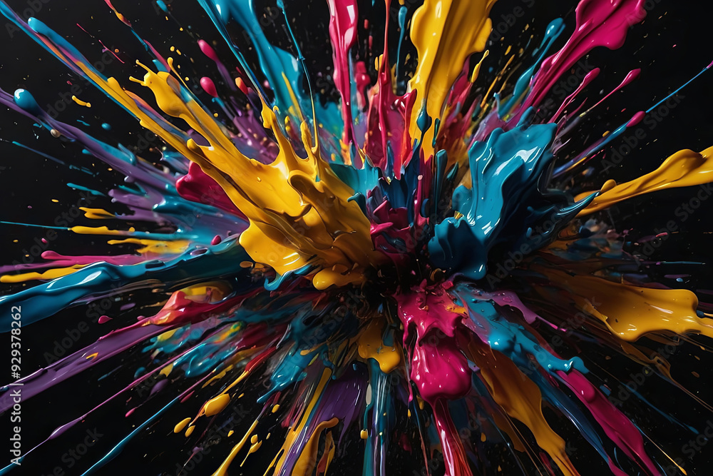 a painting of colourful paint splatters on a black background, metaphysical painting, flower explosion, radial colour dispersion, shattered abstract a painting of colourful paint splatters on a black background, metaphysical painting, flower explosion, radial colour dispersion, shattered abstract