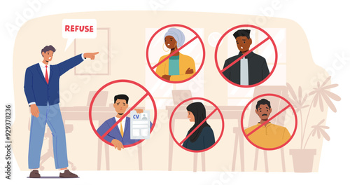 Racism And Discrimination In The Workplace. Cartoon Vector Illustration Shows A Manager Refusing Job Candidates