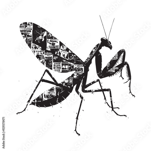 silhouette of Mantis flying, filled with vintage punk's poster collage wall in rough drawing, animal,