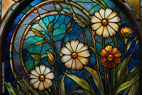 a painting of flowers on a stained glass background, a detailed painting