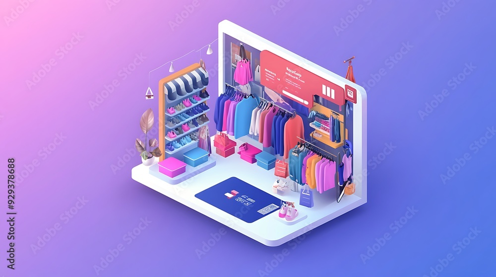 Isometric illustration of an online store with clothes, shoes, and accessories. Isometric illustration of an online store with clothes, shoes, and accessories.