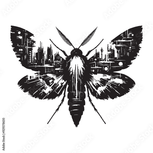silhouette of Moth, filled with destroyed futuristic dystopia environment in rough drawing, animal,