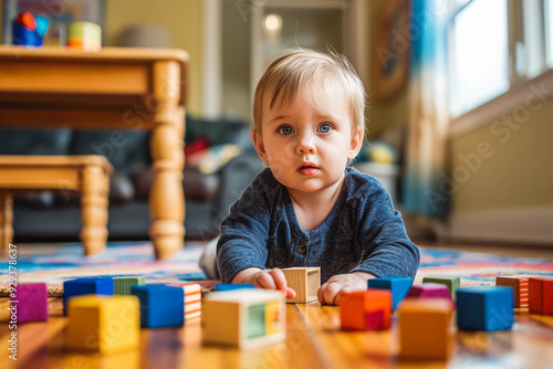 A lifestyle photograph of a young Caucasian toddler playing with colorful wooden block toys