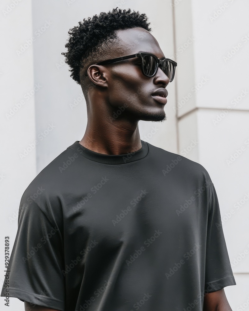 Obraz premium A model showcases a sleek black outfit with stylish sunglasses