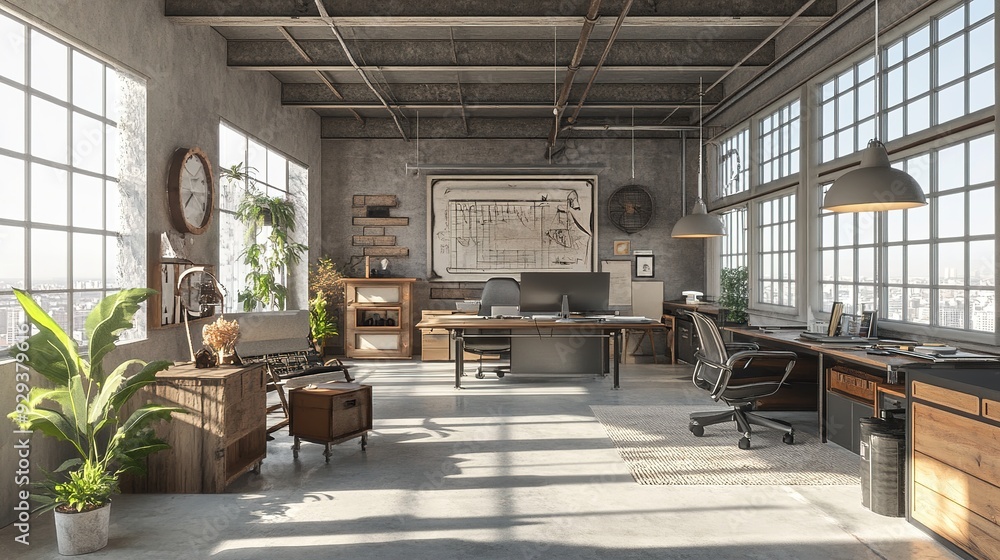 3D render of a chic industrial loft office, featuring exposed structural elements, a mix of metal and wood furnishings, and large, airy windows 3D render of a chic industrial loft office, featuring exposed structural elements, a mix of metal and wood furnishings, and large, airy windows
