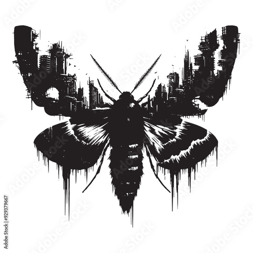 silhouette of Moth flying, filled with destroyed futuristic dystopia environment in rough drawing, animal,