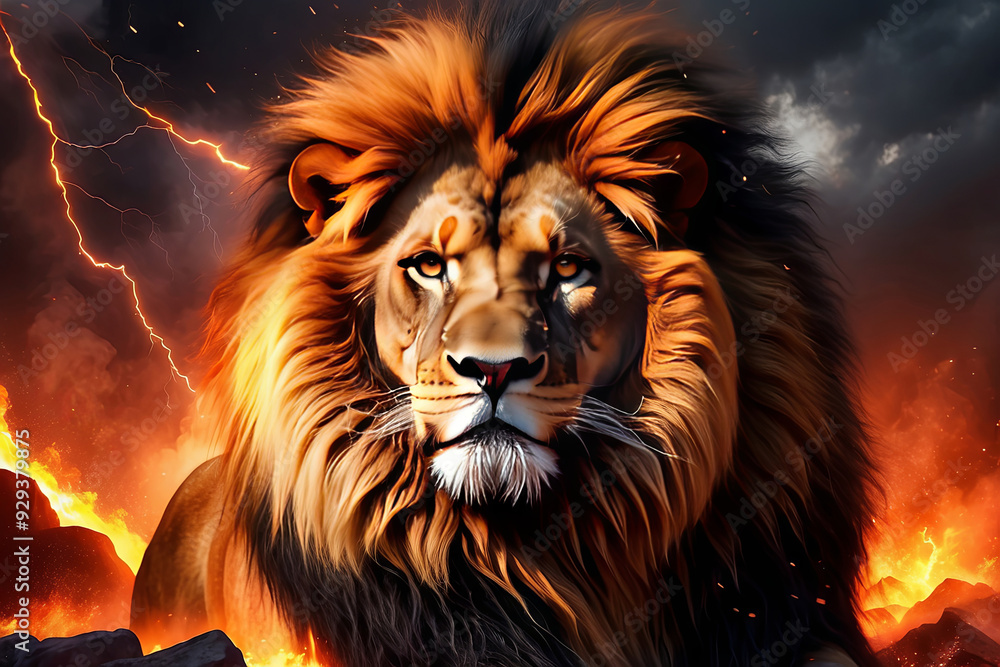 a powerful lion, mane ablaze with fiery reds and oranges, eyes fierce and intense amidst a backdrop of chaos and destruction a powerful lion, mane ablaze with fiery reds and oranges, eyes fierce and intense amidst a backdrop of chaos and destruction