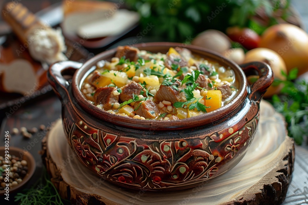 Braised meat with vegetables served in a ceramic pot. Braised meat with vegetables served in a ceramic pot.