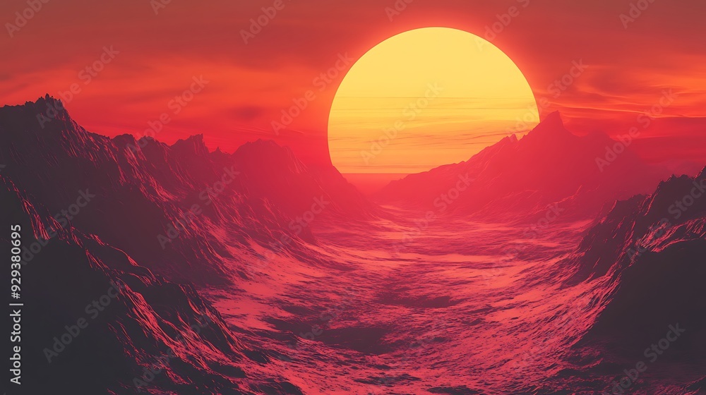 Large, bright sun setting over a valley and mountains. Large, bright sun setting over a valley and mountains.