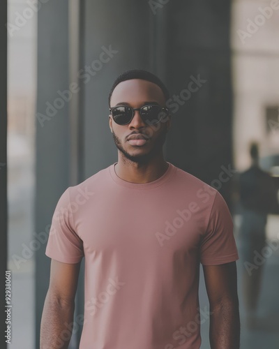 A confident young man stands in a soft pink shirt, exuding style and poise