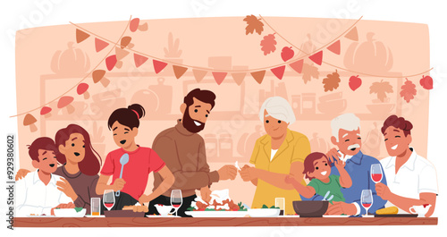 Joyful Family Gathering Around A Table Celebrating Thanksgiving. Vector Image Depicts Multiple Generations Enjoying Meal
