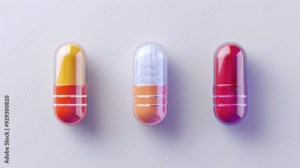 Close-up of three different colored pills on a white surface Close-up of three different colored pills on a white surface