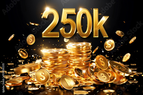 Shiny 250K Gold Coins Piled Up with Glowing Numbers photo