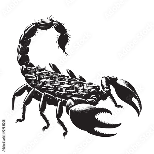 silhouette of scorpion, filled with ghetto street in rough drawing, animal,