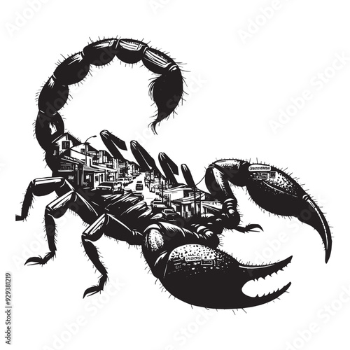 silhouette of scorpion, filled with ghetto street in rough drawing, animal,
