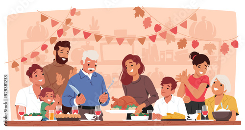 Family Characters Gathered Around The Dinner Table, Celebrating Thanksgiving With A Festive Meal, Vector Illustration