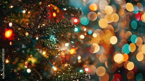 A close-up view of a Christmas tree with colorful lights shining from behind