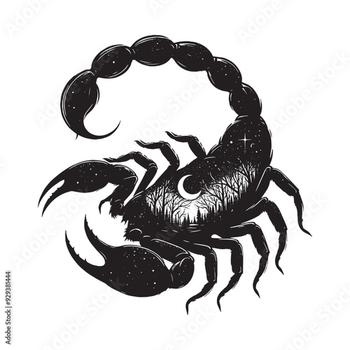 silhouette of scorpion, filled with nature night view in rough drawing, animal,