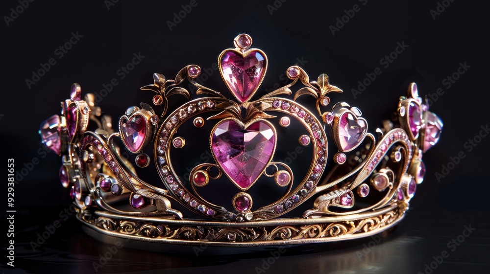 A crown with heart-shaped designs and pink gemstones, representing love and royalty. A crown with heart-shaped designs and pink gemstones, representing love and royalty.