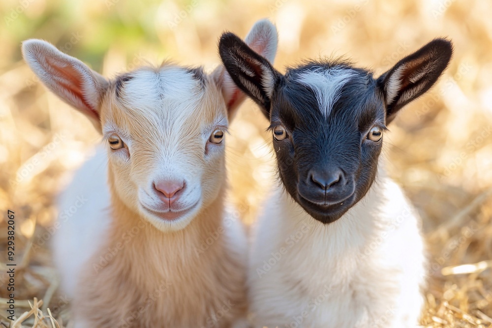 Obraz premium Depict two playful baby goats frolicking in a sunlit summer meadow on a farm, surrounded by vibrant wildflowers and lush grass.