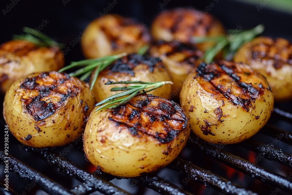 Small potato wedges with rosemary for vegan grilling. Small potato balls fried on the grill Small potato wedges with rosemary for vegan grilling. Small potato balls fried on the grill