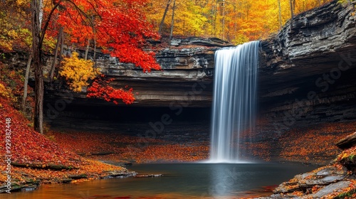 Fototapeta Naklejka Na Ścianę i Meble -  A serene waterfall surrounded by vibrant autumn foliage and a tranquil pool.