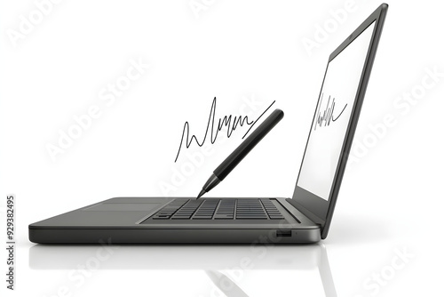 Digital Signature Process on Touchscreen Laptop isolated on white background