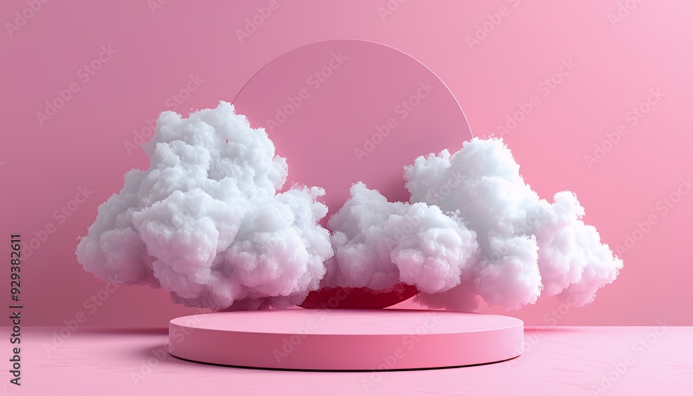 A minimalist pink scene featuring clouds and a circular backdrop for creative displays. A minimalist pink scene featuring clouds and a circular backdrop for creative displays.