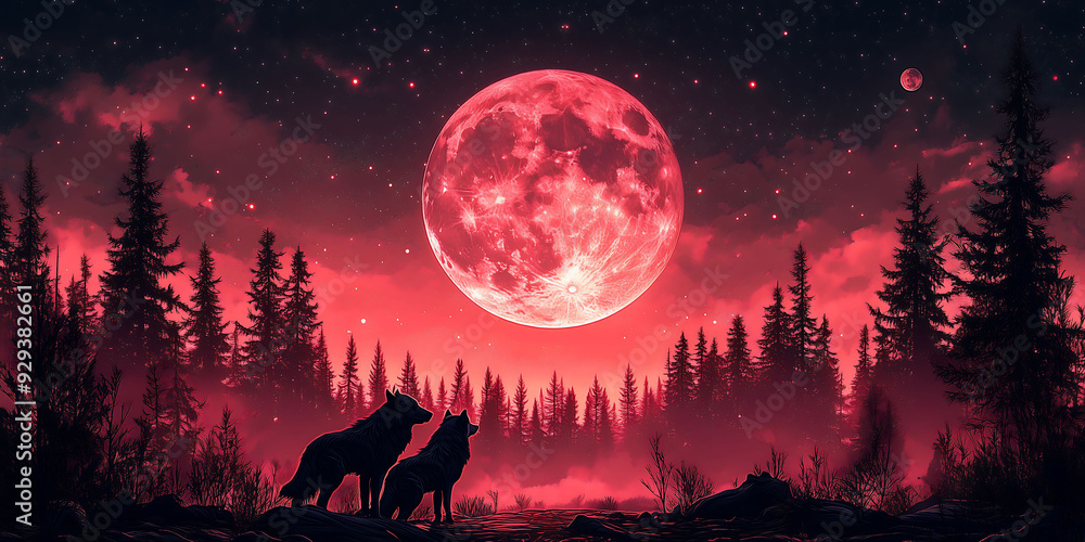 Two Wolves Howling at a Red Moon in a Dark Forest Two Wolves Howling at a Red Moon in a Dark Forest
