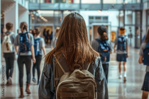 Girl with brown hair and backpack in modern school hallway, facing away, walks towards uniformed students