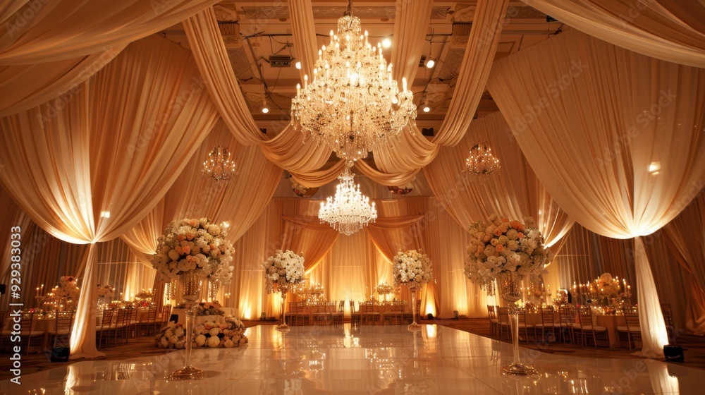 Obraz premium A lavish wedding reception decoration setup with chandeliers, crystal vases, and luxurious drapes.