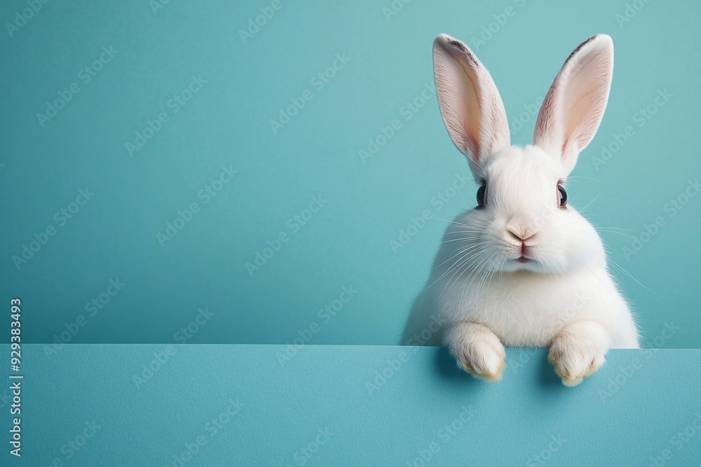 white Easter rabbit holding a blank sheet of paper against a soft blue background. The blank sheet should be positioned prominently, providing space for text or a message. white Easter rabbit holding a blank sheet of paper against a soft blue background. The blank sheet should be positioned prominently, providing space for text or a message.
