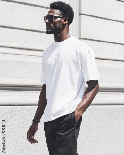 A black Afro male walks confidently in a casual white t-shirt