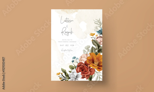 vintage wedding invitation with beautiful autumn floral watercolor