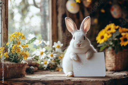 white Easter rabbit holding a blank sheet of paper. The rabbit have a playful and inviting expression, and the sheet should be prominently displayed for text or a personal message. The background  kep photo