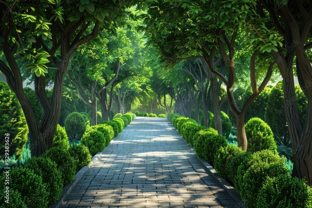 A serene pathway lined with trees and bushes in a park, suitable for outdoor activities or nature-inspired photography A serene pathway lined with trees and bushes in a park, suitable for outdoor activities or nature-inspired photography