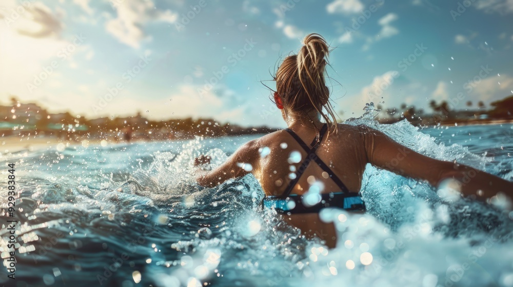 A woman relaxing in the ocean wearing a bikini, perfect for summer and beach-themed projects A woman relaxing in the ocean wearing a bikini, perfect for summer and beach-themed projects