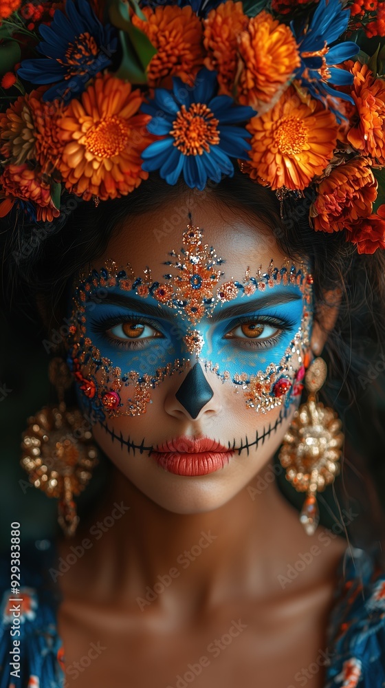 Celebration of life with traditional face paint and floral headdress during cultural festival Celebration of life with traditional face paint and floral headdress during cultural festival