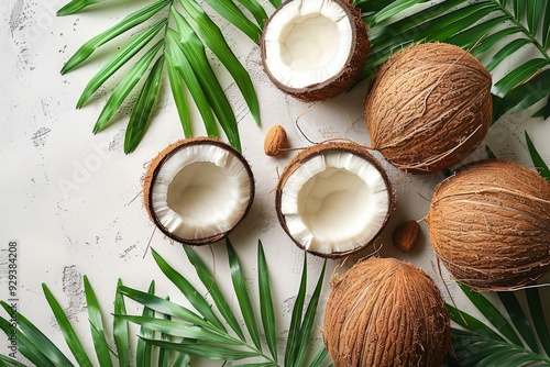 A still life image of coconuts and palm leaves on a white background.