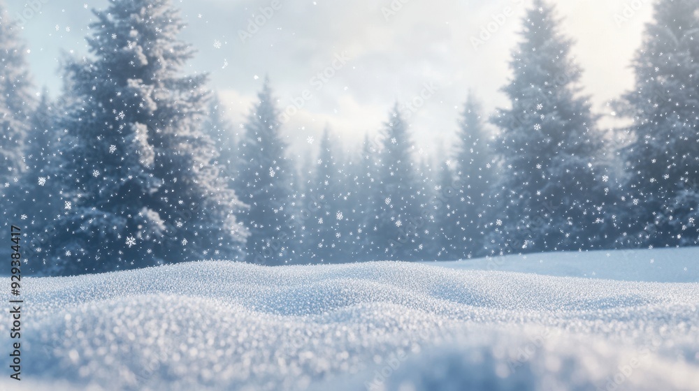 Fototapeta premium A serene winter landscape with snow-covered ground and evergreen trees in the background.