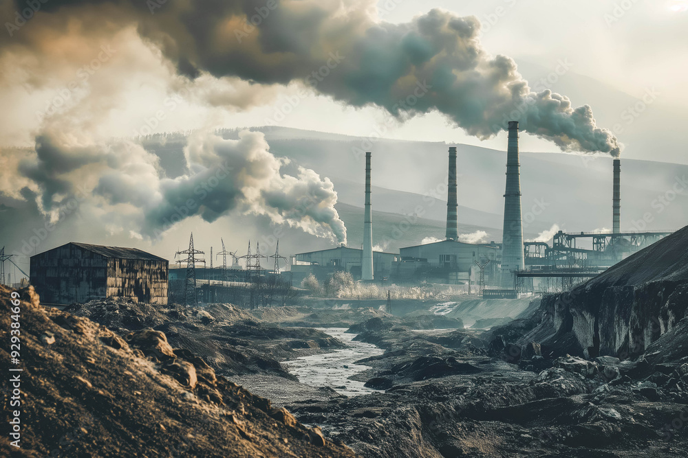Fototapeta premium Ruined landscape with massive smoke coming out from chimneys in background. Air pollution and poisonous environment
