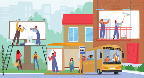 Outdoor Advertising Workers Installing Billboards In An Urban Environment. Image Portrays Characters Teamwork