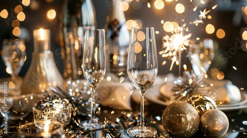 A stylish, modern New Year's Eve decoration setup with sleek metallic decor, confetti, and sparklers